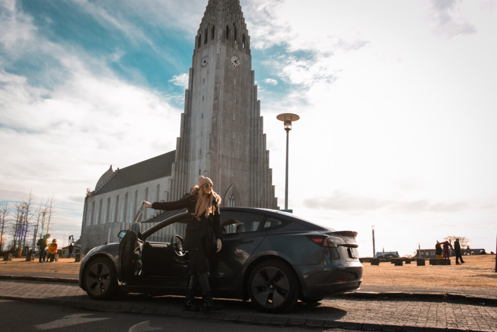 Tesla outside Hallgrimskirkja - starting point for the road trip in Iceland