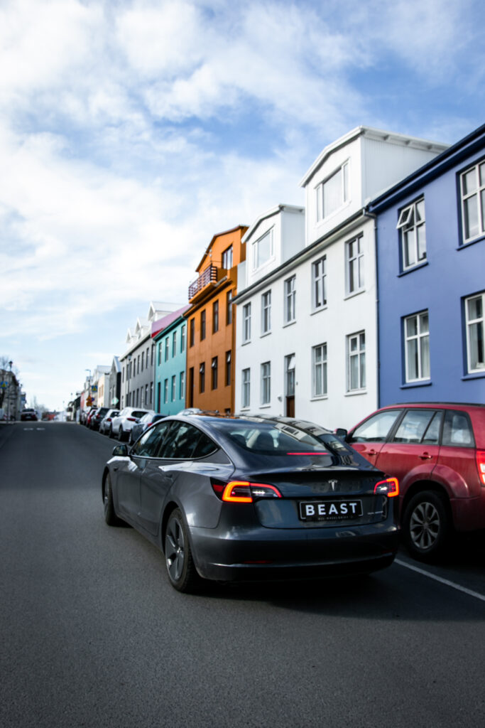A Tesla on a street in Reykjavik 